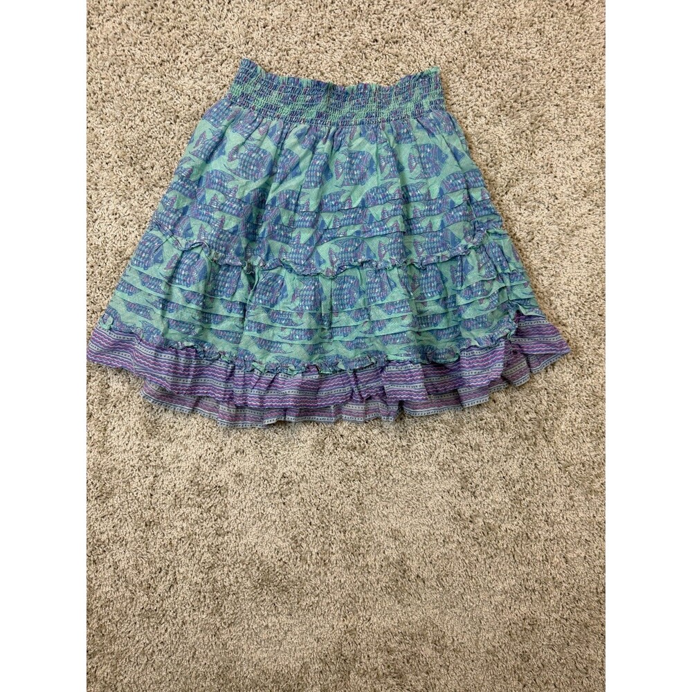 Vineyard Vines Womens Fish Print Ruffle Tiered Skirt Blue Green Smocked